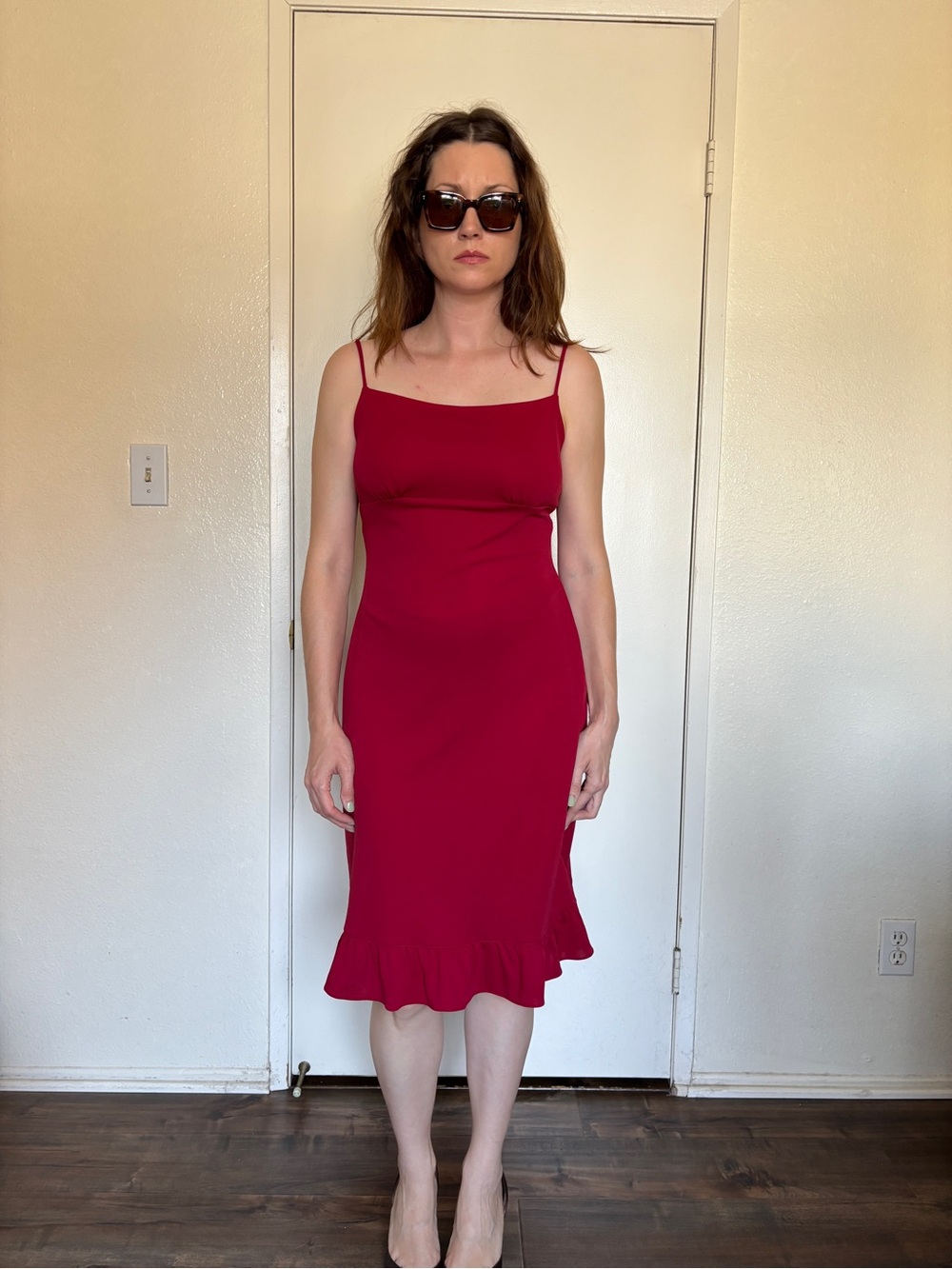 Moa Moa Crimson Spaghetti-Strap Midi Dress with Ruffle Hem